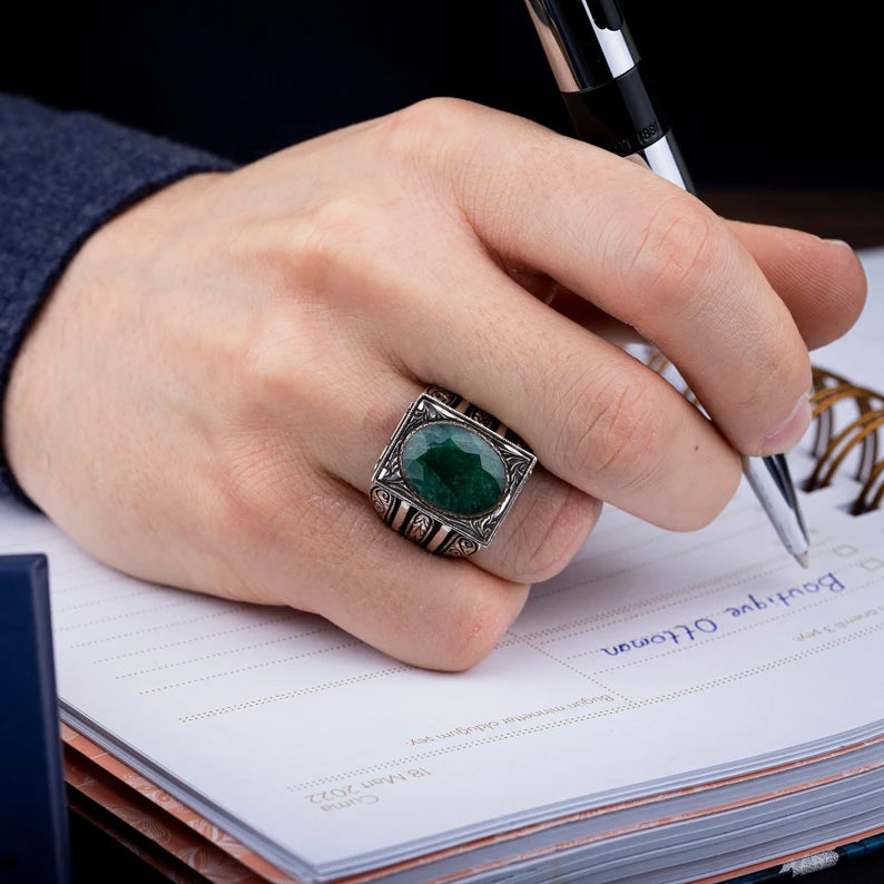 RARE PRINCE by CARAT SUTRA | Unique Designed Turkish Style Ring with Emerald | 925 Sterling Silver Oxidized Ring | Men's Jewelry | With Certificate of Authenticity and 925 Hallmark