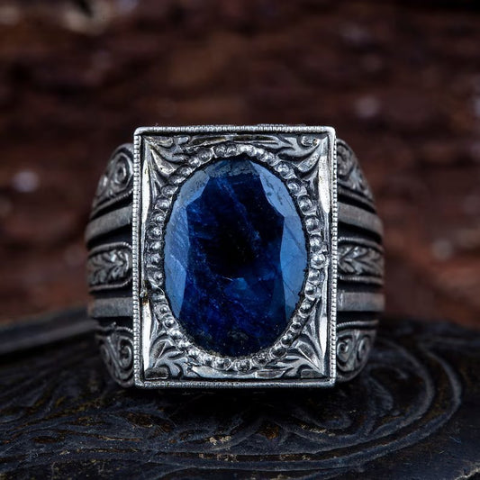 RARE PRINCE by CARAT SUTRA | Unique Turkish Style Ring with S Blue Sapphire, Oxidized Sterling Silver 925 Ring | Jewellery for Men| With Certificate of Authenticity and 925 Hallmark