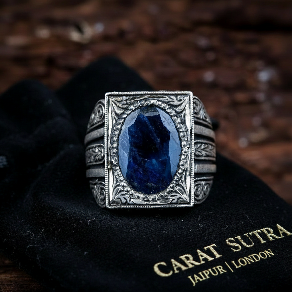 RARE PRINCE by CARAT SUTRA | Unique Turkish Style Ring with S Blue Sapphire, Oxidized Sterling Silver 925 Ring | Jewellery for Men| With Certificate of Authenticity and 925 Hallmark