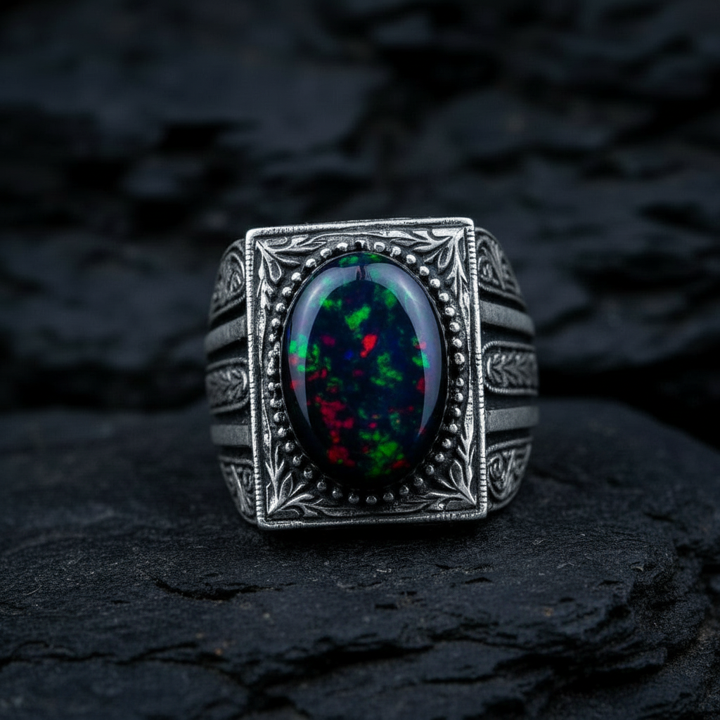 Unique Designed Turkish Style Ring with 12ct Natural Fire Black Opal | 925 Sterling Silver Oxidized Ring | With Certificate of Authenticity and 925 Hallmark