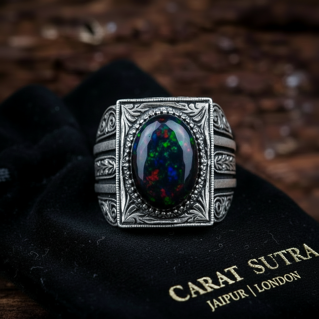 Unique Designed Turkish Style Ring with 12ct Natural Fire Black Opal | 925 Sterling Silver Oxidized Ring | With Certificate of Authenticity and 925 Hallmark