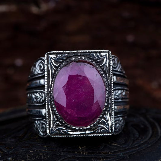 RARE PRINCE by CARAT SUTRA | Unique Designed Turkish Style Heavy Ring with Natural Red Ruby | 22kt Gold Micron Plated 925 Sterling Silver Oxidized Ring | Men's Jewelry | With Certificate of Authenticity and 925 Hallmark