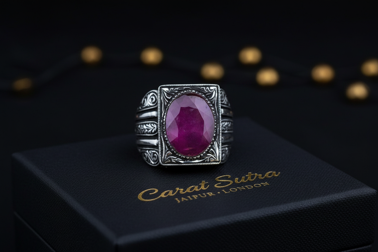 RARE PRINCE by CARAT SUTRA | Unique Designed Turkish Style Heavy Ring with Natural Red Ruby | 22kt Gold Micron Plated 925 Sterling Silver Oxidized Ring | Men's Jewelry | With Certificate of Authenticity and 925 Hallmark - caratsutra