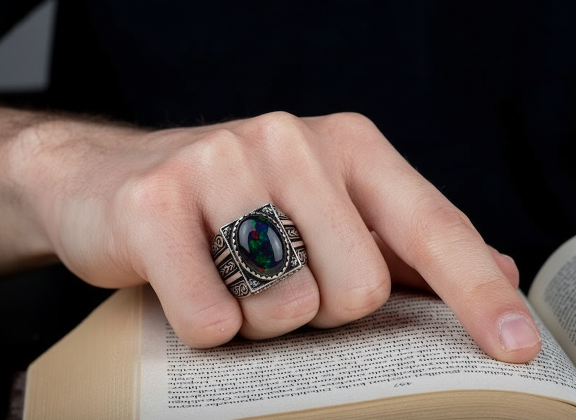 Unique Designed Turkish Style Ring with 12ct Natural Fire Black Opal | 925 Sterling Silver Oxidized Ring | With Certificate of Authenticity and 925 Hallmark