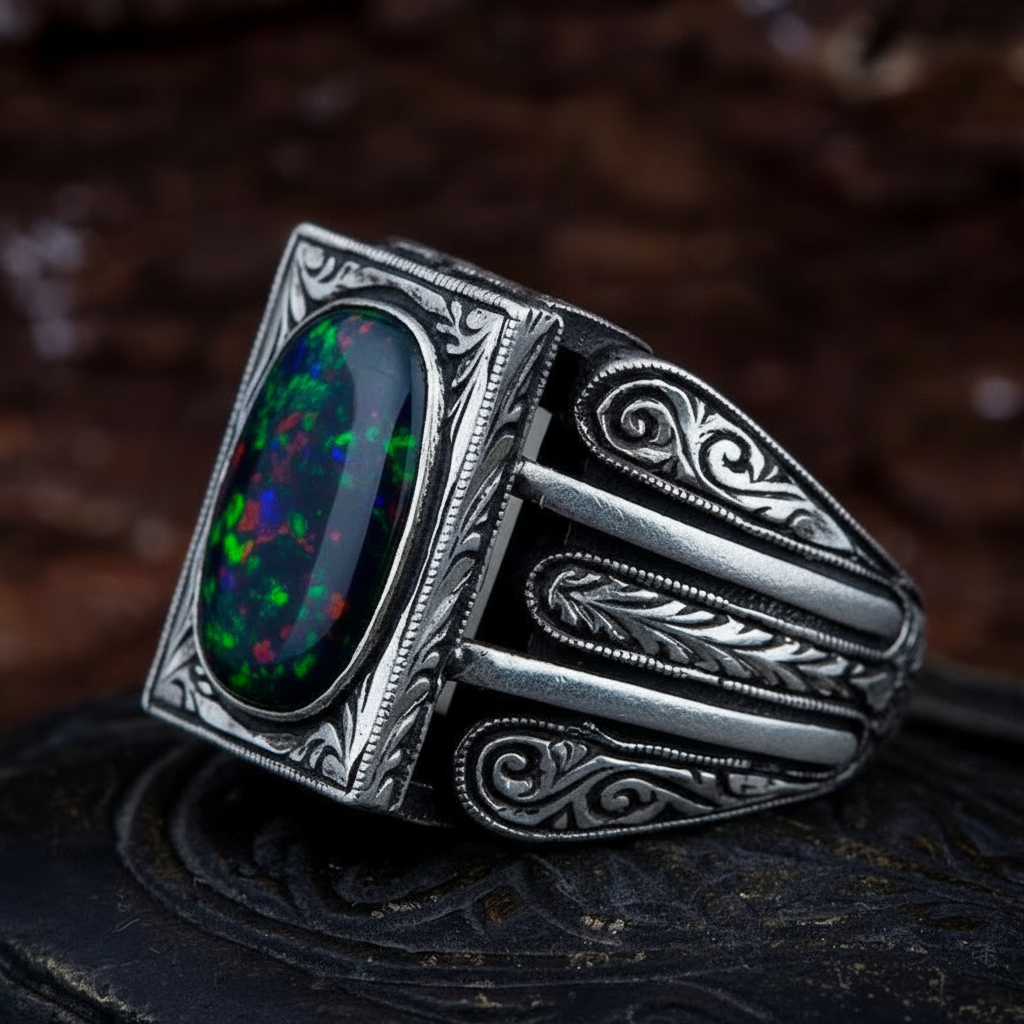 Unique Designed Turkish Style Ring with 12ct Natural Fire Black Opal | 925 Sterling Silver Oxidized Ring | With Certificate of Authenticity and 925 Hallmark