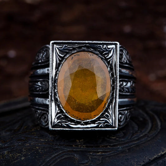 RARE PRINCE by CARAT SUTRA | Unique Turkish Style Ring with Yellow S Sapphire | 925 Sterling Silver Oxidized Ring | Men's Jewelry | With Certificate of Authenticity and 925 Hallmark