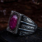 RARE PRINCE by CARAT SUTRA | Unique Designed Turkish Style Heavy Ring with Natural Red Ruby | 22kt Gold Micron Plated 925 Sterling Silver Oxidized Ring | Men's Jewelry | With Certificate of Authenticity and 925 Hallmark
