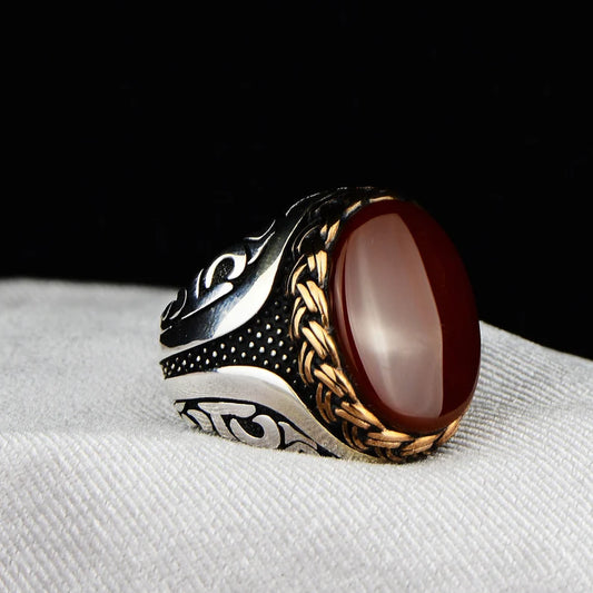 RARE PRINCE by CARAT SUTRA | Unique Turkish Style Ring with Natural Red Agate  | 925 Sterling Silver Oxidized Ring | Men's Jewelry | With Certificate of Authenticity and 925 Hallmark