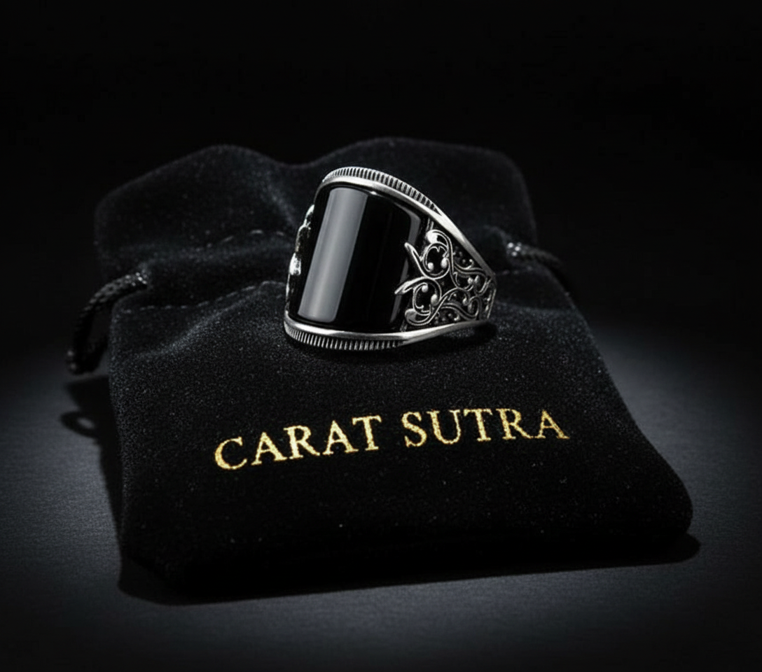 RARE PRINCE by CARAT SUTRA | Unique Designed Turkish Style Curved Ring with Natural Black Onyx | 925 Sterling Silver Ring | Men's Jewelry | With Certificate of Authenticity and 925 Hallmark