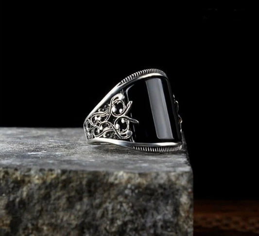 RARE PRINCE by CARAT SUTRA | Unique Designed Turkish Style Curved Ring with Natural Black Onyx | 925 Sterling Silver Ring | Men's Jewelry | With Certificate of Authenticity and 925 Hallmark