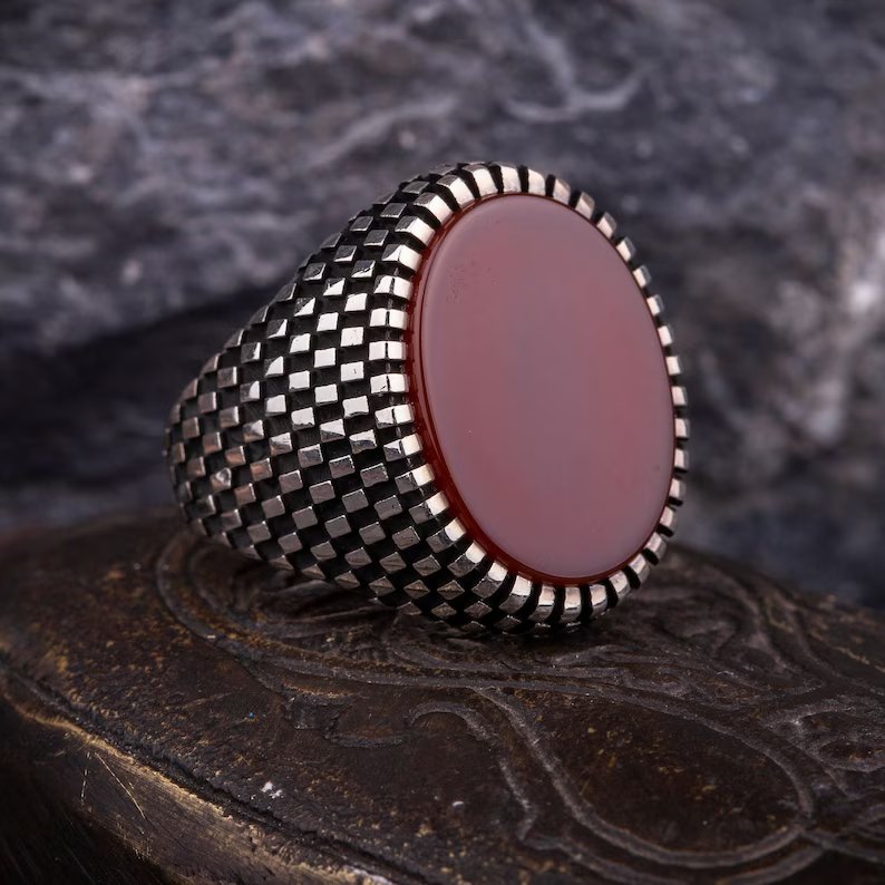 RARE PRINCE by CARAT SUTRA | Unique Turkish Style Ring with Natural Red Agate  | 925 Sterling Silver Oxidized Ring | Men's Jewelry | With Certificate of Authenticity and 925 Hallmark