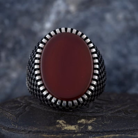 RARE PRINCE by CARAT SUTRA | Unique Turkish Style Ring with Natural Red Agate  | 925 Sterling Silver Oxidized Ring | Men's Jewelry | With Certificate of Authenticity and 925 Hallmark