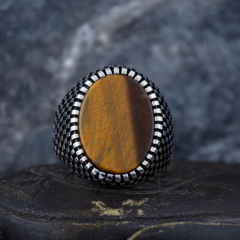 RARE PRINCE by CARAT SUTRA | Unique Designed Turkish Style Ring with Natural Tiger Eye  | 925 Sterling Silver Oxidized Ring | Men's Jewelry | With Certificate of Authenticity and 925 Hallmark