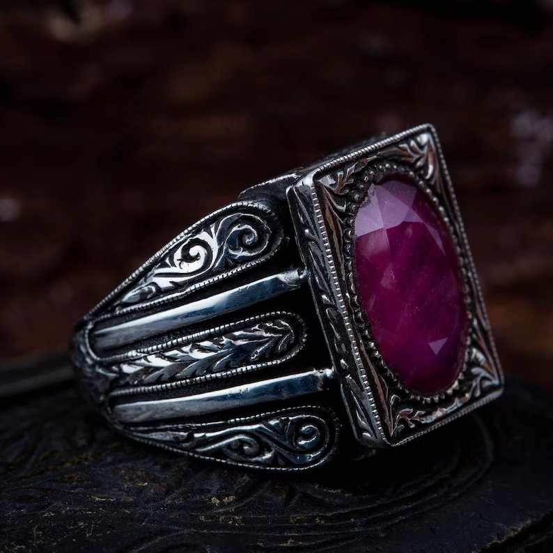 RARE PRINCE by CARAT SUTRA | Unique Designed Turkish Style Heavy Ring with Natural Red Ruby | 22kt Gold Micron Plated 925 Sterling Silver Oxidized Ring | Men's Jewelry | With Certificate of Authenticity and 925 Hallmark