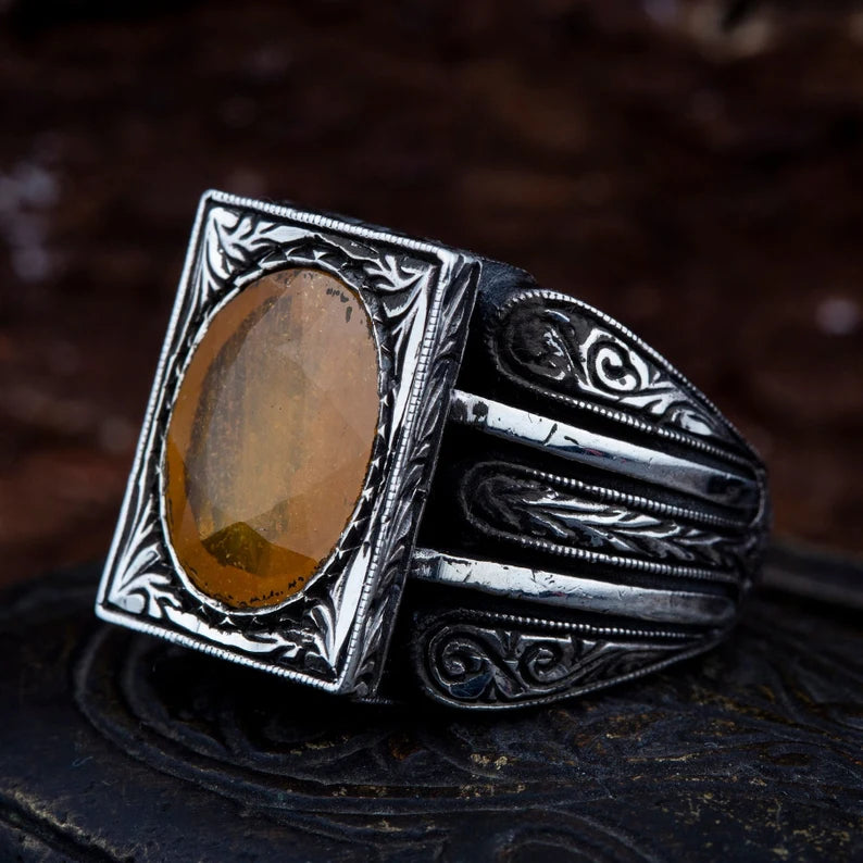 RARE PRINCE by CARAT SUTRA | Unique Turkish Style Ring with Yellow S Sapphire | 925 Sterling Silver Oxidized Ring | Men's Jewelry | With Certificate of Authenticity and 925 Hallmark