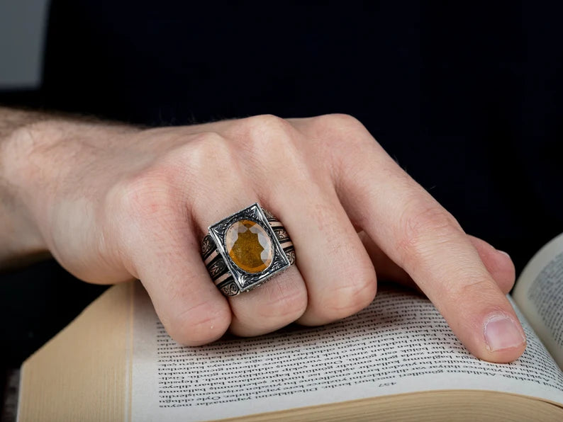 RARE PRINCE by CARAT SUTRA | Unique Turkish Style Ring with Yellow S Sapphire | 925 Sterling Silver Oxidized Ring | Men's Jewelry | With Certificate of Authenticity and 925 Hallmark