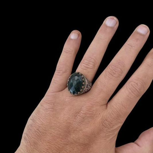 Unique Designed Turkish Style Ring with Natural Emerald | 925 Sterling Silver Oxidized Ring |With Certificate of Authenticity and 925 Hallmark