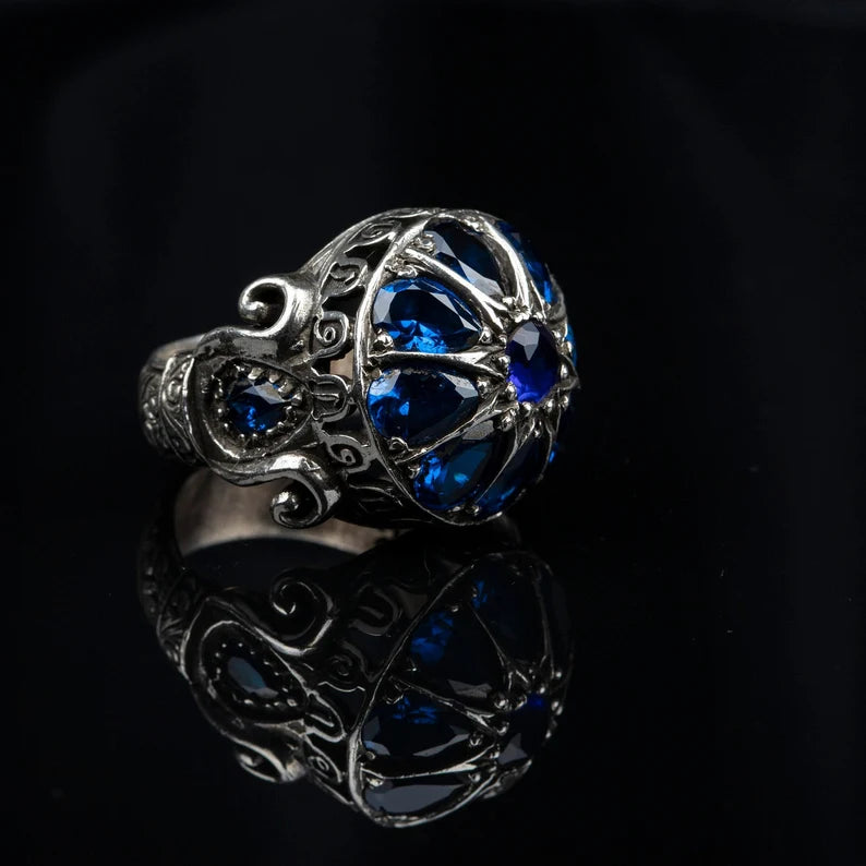 RARE PRINCE by CARAT SUTRA | Unique Turkish Style Ring with Victorian Blue Zircon | 925 Sterling Silver Oxidized Ring | Men's Jewelry | With Certificate of Authenticity and 925 Hallmark