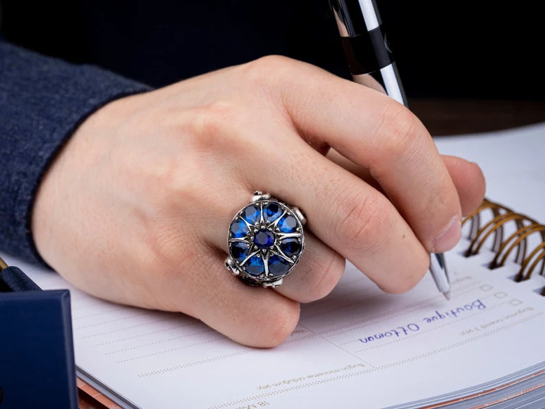 RARE PRINCE by CARAT SUTRA | Unique Turkish Style Ring with Victorian Blue Zircon | 925 Sterling Silver Oxidized Ring | Men's Jewelry | With Certificate of Authenticity and 925 Hallmark