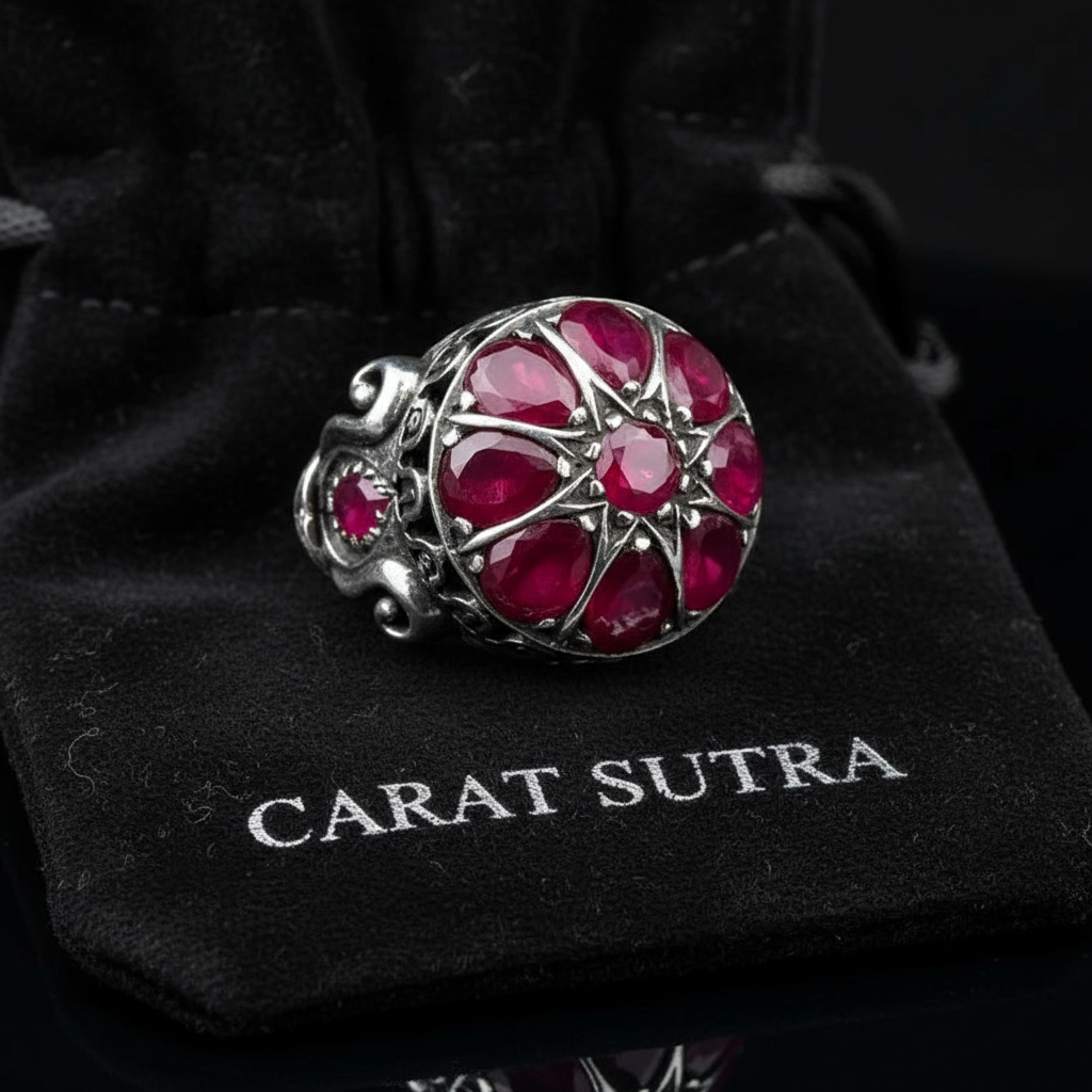RARE PRINCE by CARAT SUTRA | Unique Designed Ring with Natural Victorian Ruby Dome| 925 Sterling Silver Oxidized Ring | Men's Jewelry | With Certificate of Authenticity and 925 Hallmark