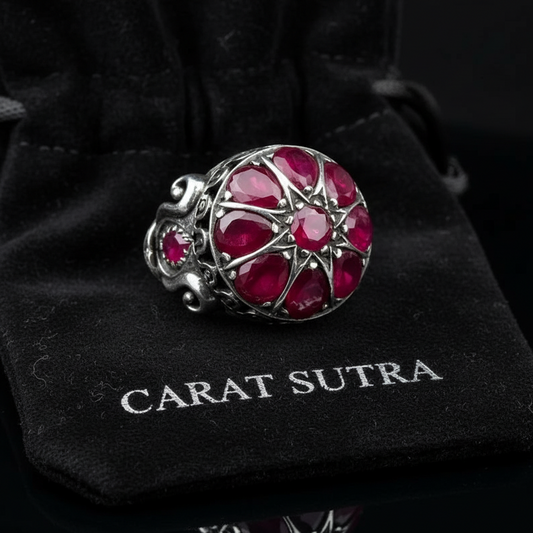 RARE PRINCE by CARAT SUTRA | Unique Designed Ring with Natural Victorian Ruby Dome| 925 Sterling Silver Oxidized Ring | Men's Jewelry | With Certificate of Authenticity and 925 Hallmark