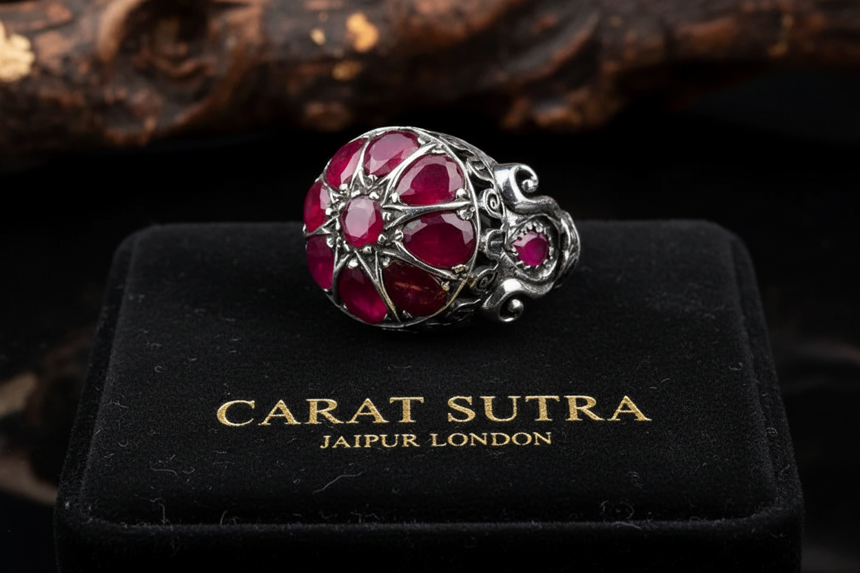 RARE PRINCE by CARAT SUTRA | Unique Designed Ring with Natural Victorian Ruby Dome| 925 Sterling Silver Oxidized Ring | Men's Jewelry | With Certificate of Authenticity and 925 Hallmark - caratsutra