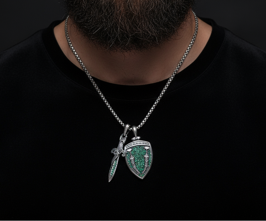 RARE PRINCE by CARAT SUTRA | Unique Designed Sword & Shield Silver Pendant With Green Zirconia Stone for Men | 925 Sterling Silver Oxidized Pendant | Men's Jewelry | With Certificate of Authenticity and 925 Hallmark