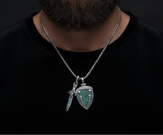 RARE PRINCE by CARAT SUTRA | Unique Designed Sword & Shield Silver Pendant With Green Zirconia Stone for Men | 925 Sterling Silver Oxidized Pendant | Men's Jewelry | With Certificate of Authenticity and 925 Hallmark