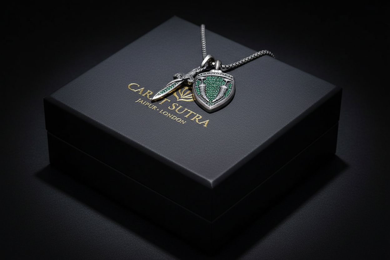 RARE PRINCE by CARAT SUTRA | Unique Designed Sword & Shield Silver Pendant With Green Zirconia Stone for Men | 925 Sterling Silver Oxidized Pendant | Men's Jewelry | With Certificate of Authenticity and 925 Hallmark - caratsutra