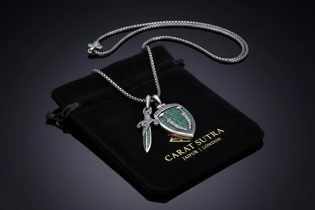 RARE PRINCE by CARAT SUTRA | Unique Designed Sword & Shield Silver Pendant With Green Zirconia Stone for Men | 925 Sterling Silver Oxidized Pendant | Men's Jewelry | With Certificate of Authenticity and 925 Hallmark - caratsutra