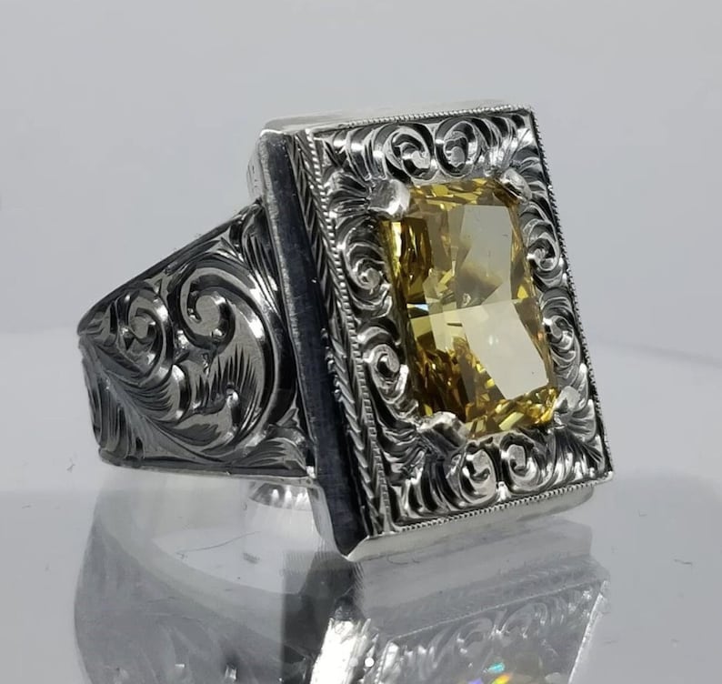 RARE PRINCE by CARAT SUTRA | Unique Hand-Engraved Turkish Style Ring with AAA+ Natural Yellow Citrine, 925 Sterling Silver Oxidized Ring | Men's Jewelry | With Certificate of Authenticity and 925 Hallmark