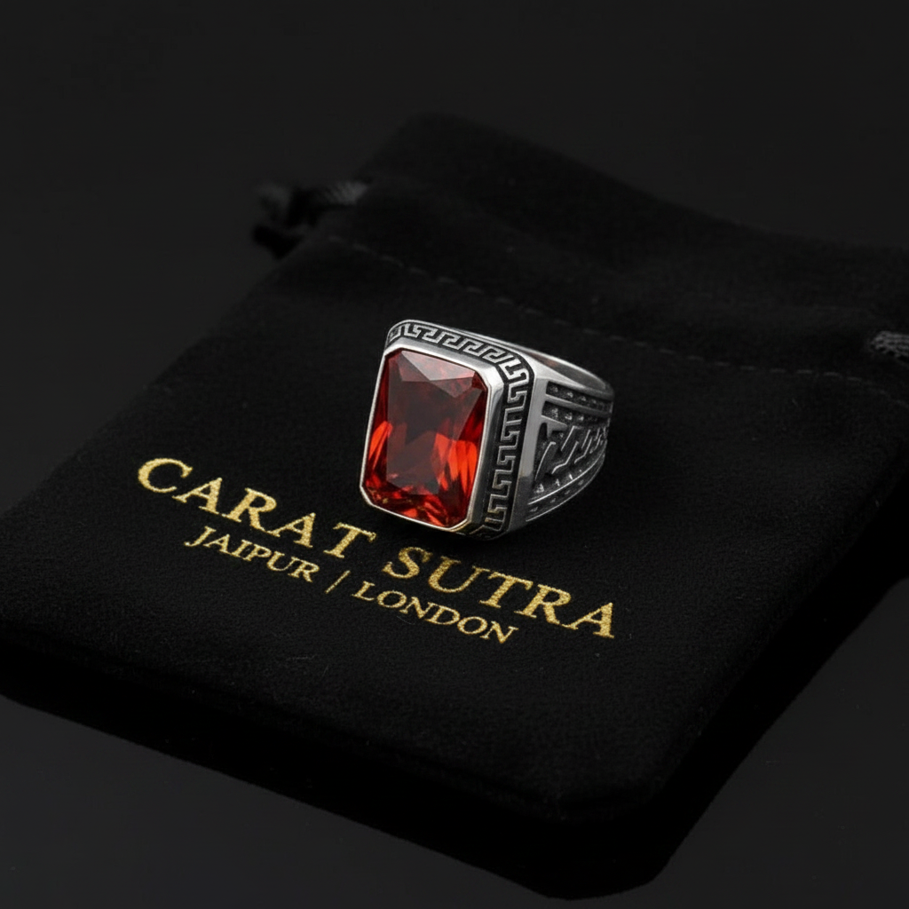 RARE PRINCE by CARAT SUTRA | Unique Versace Designed Turkish Style Ring with Natural Gomed , 925 Sterling Silver Oxidized Ring | Men's Jewelry | With Certificate of Authenticity and 925 Hallmark - caratsutra