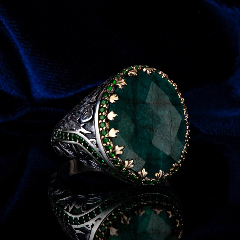 RARE PRINCE by CARAT SUTRA | Unique Designed Turkish Style Ring with Emerald | 925 Sterling Silver Oxidized Ring | Men's Jewelry | With Certificate of Authenticity and 925 Hallmark