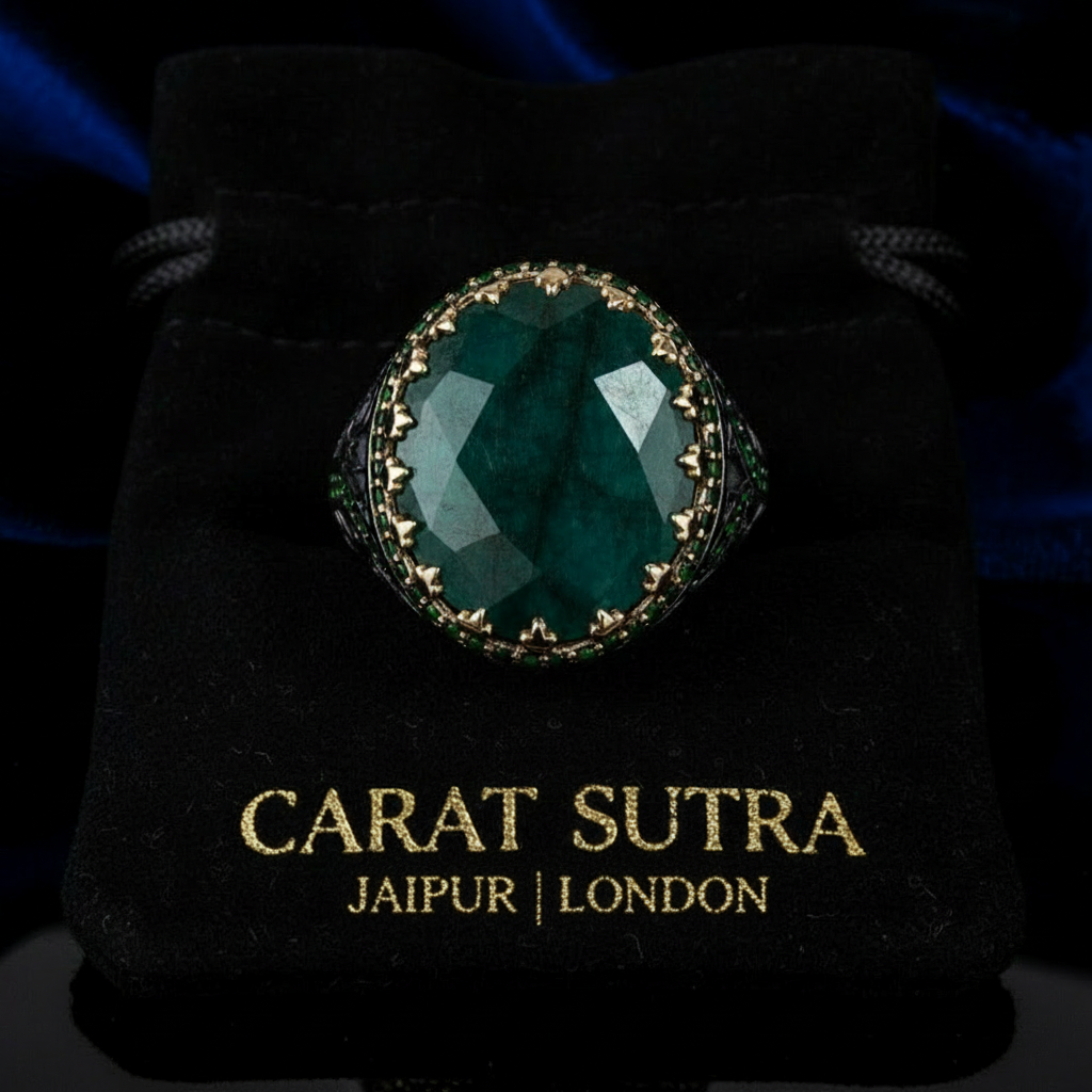 Unique Designed Turkish Style Ring with Natural Emerald | 925 Sterling Silver Oxidized Ring |With Certificate of Authenticity and 925 Hallmark