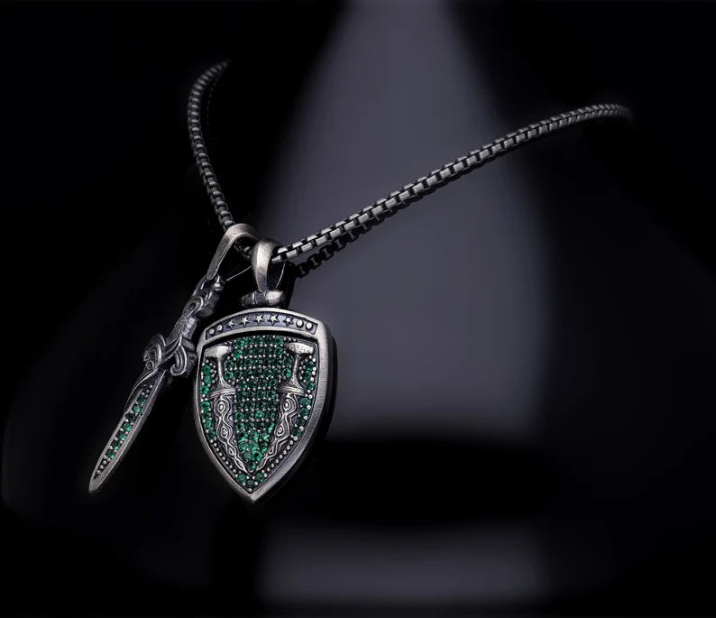 RARE PRINCE by CARAT SUTRA | Unique Designed Sword & Shield Silver Pendant With Green Zirconia Stone for Men | 925 Sterling Silver Oxidized Pendant | Men's Jewelry | With Certificate of Authenticity and 925 Hallmark