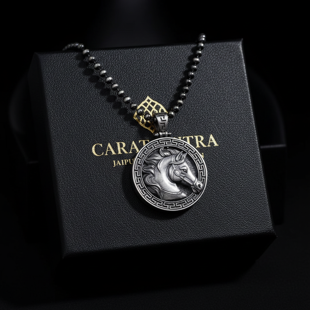 RARE PRINCE by CARAT SUTRA | Unique Designed Horse Pendant for Men | 925 Sterling Silver Oxidized Pendant | Men's Jewelry | With Certificate of Authenticity and 925 Hallmark - caratsutra