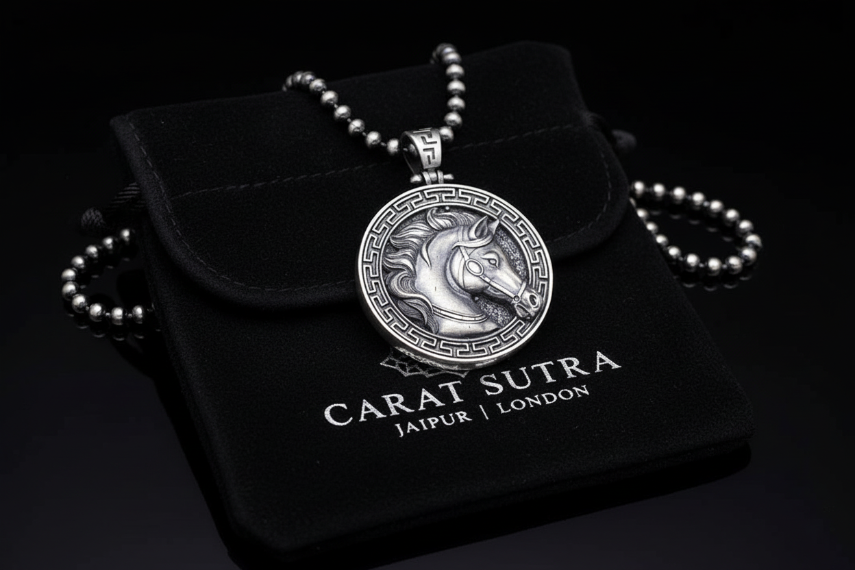 RARE PRINCE by CARAT SUTRA | Unique Designed Horse Pendant for Men | 925 Sterling Silver Oxidized Pendant | Men's Jewelry | With Certificate of Authenticity and 925 Hallmark - caratsutra
