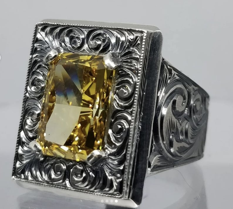 RARE PRINCE by CARAT SUTRA | Unique Hand-Engraved Turkish Style Ring with AAA+ Natural Yellow Citrine, 925 Sterling Silver Oxidized Ring | Men's Jewelry | With Certificate of Authenticity and 925 Hallmark