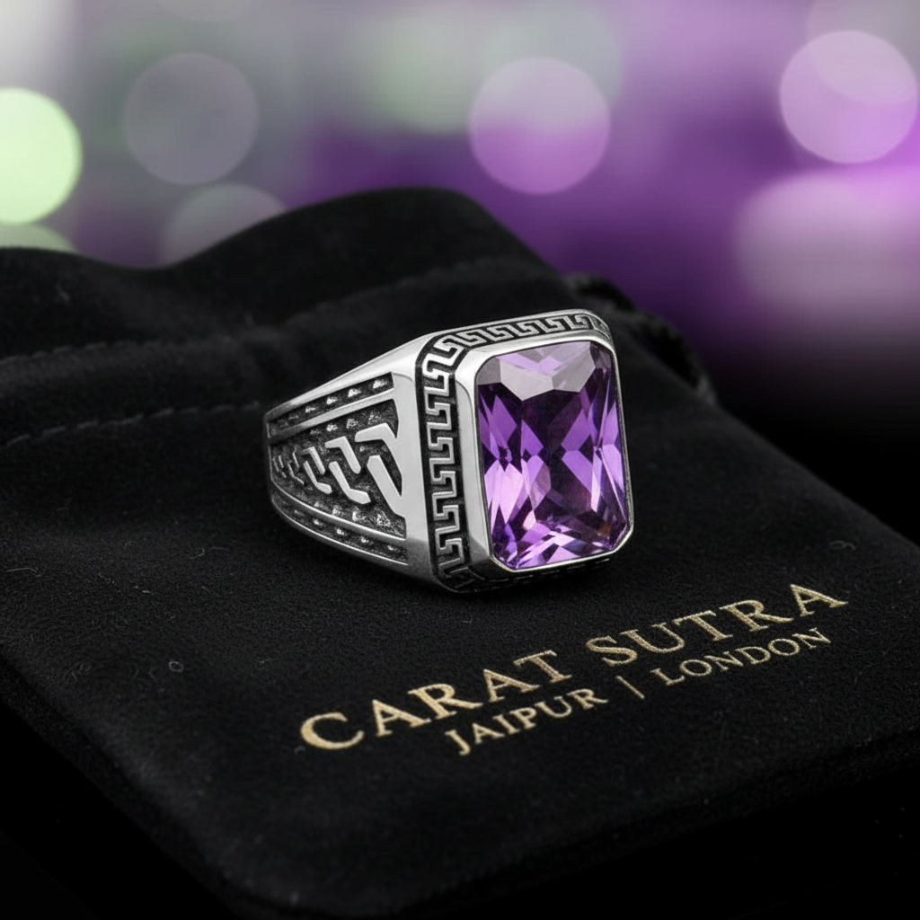 RARE PRINCE by CARAT SUTRA | Unique Versace Designed Turkish Style Ring with Purple Amethyst , 925 Sterling Silver Oxidized Ring | Men's Jewelry | With Certificate of Authenticity and 925 Hallmark - caratsutra