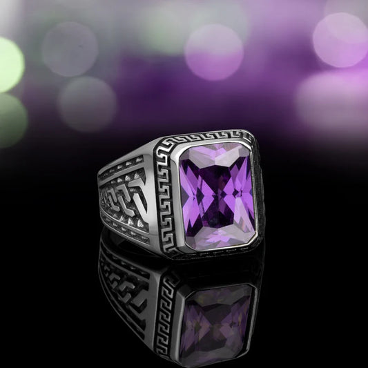 RARE PRINCE by CARAT SUTRA | Unique Versace Designed Turkish Style Ring with Purple Amethyst , 925 Sterling Silver Oxidized Ring | Men's Jewelry | With Certificate of Authenticity and 925 Hallmark