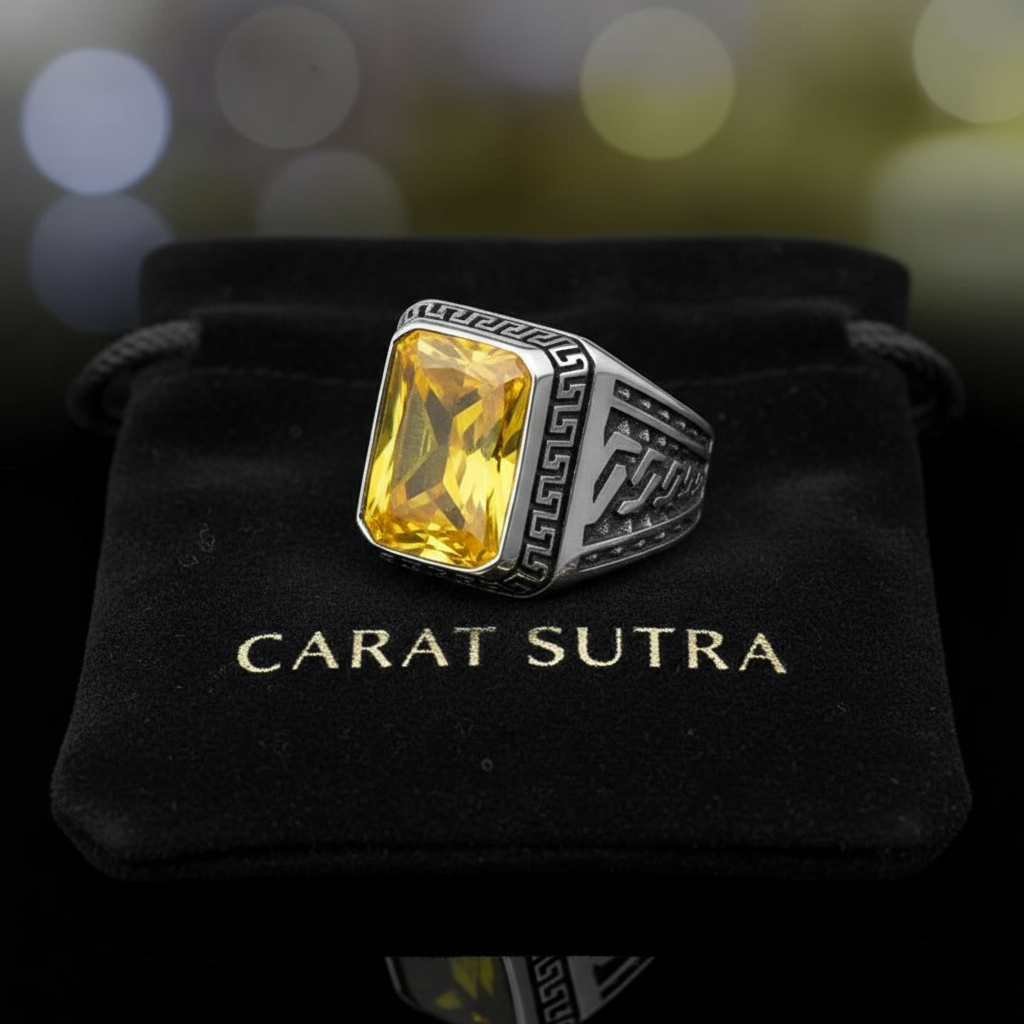 RARE PRINCE by CARAT SUTRA | Unique Versace Designed Turkish Style Ring with Natural Yellow Citrine , 925 Sterling Silver Oxidized Ring | Men's Jewelry | With Certificate of Authenticity and 925 Hallmark