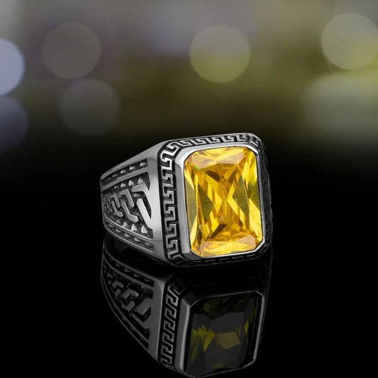 RARE PRINCE by CARAT SUTRA | Unique Versace Designed Turkish Style Ring with Natural Yellow Citrine , 925 Sterling Silver Oxidized Ring | Men's Jewelry | With Certificate of Authenticity and 925 Hallmark