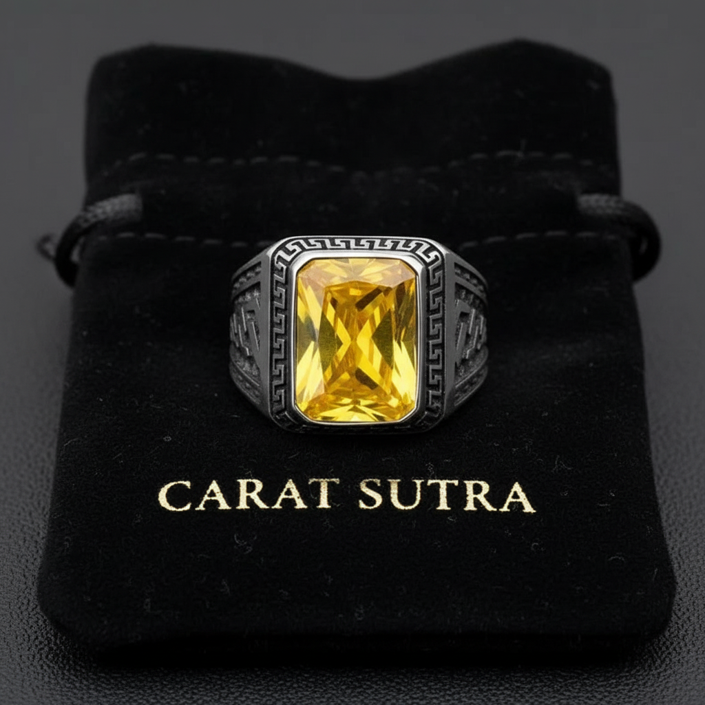 RARE PRINCE by CARAT SUTRA | Unique Versace Designed Turkish Style Ring with Natural Yellow Citrine , 925 Sterling Silver Oxidized Ring | Men's Jewelry | With Certificate of Authenticity and 925 Hallmark