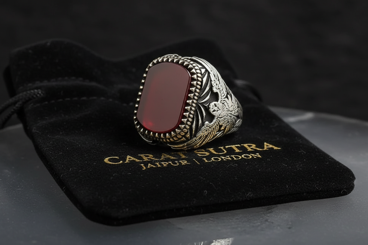 RARE PRINCE by CARAT SUTRA | Unique Turkish Style Ring with Natural Red Agate  | 925 Sterling Silver Oxidized Ring | Men's Jewelry | With Certificate of Authenticity and 925 Hallmark