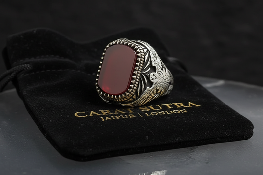 RARE PRINCE by CARAT SUTRA | Unique Turkish Style Ring with Natural Red Agate  | 925 Sterling Silver Oxidized Ring | Men's Jewelry | With Certificate of Authenticity and 925 Hallmark