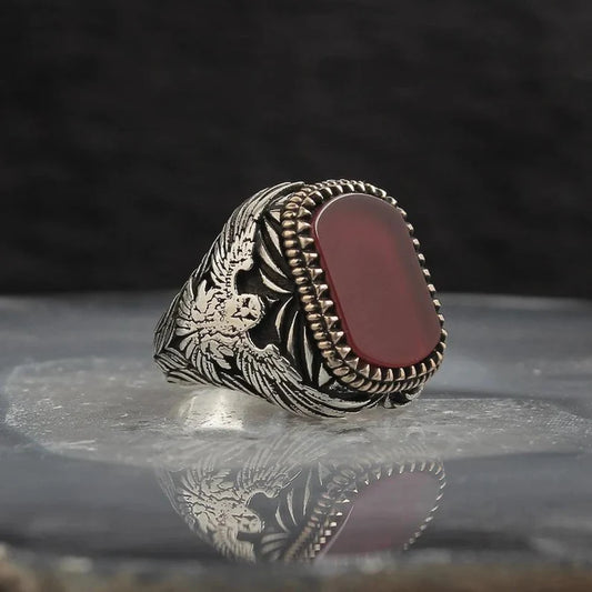 RARE PRINCE by CARAT SUTRA | Unique Turkish Style Ring with Natural Red Agate  | 925 Sterling Silver Oxidized Ring | Men's Jewelry | With Certificate of Authenticity and 925 Hallmark