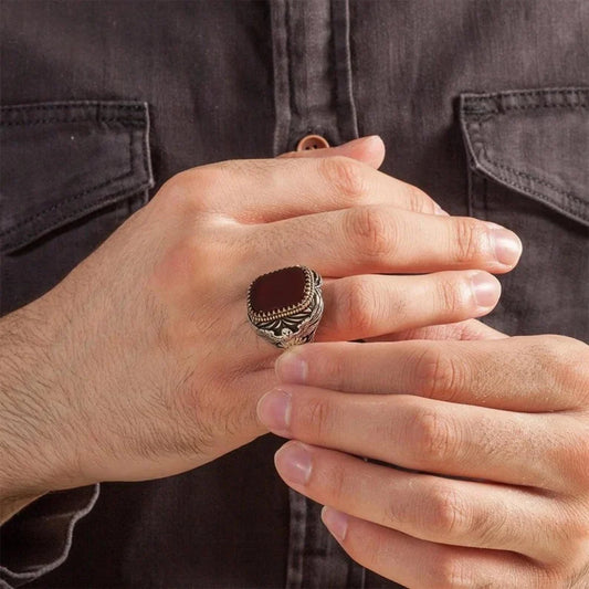 RARE PRINCE by CARAT SUTRA | Unique Turkish Style Ring with Natural Red Agate  | 925 Sterling Silver Oxidized Ring | Men's Jewelry | With Certificate of Authenticity and 925 Hallmark