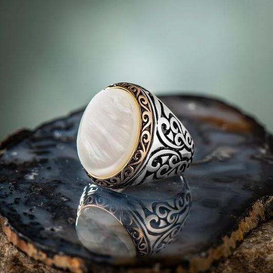 RARE PRINCE by CARAT SUTRA | Unique Turkish Style Ring with Natural Pearl | 925 Sterling Silver Oxidized Ring | Men's Jewelry | With Certificate of Authenticity and 925 Hallmark