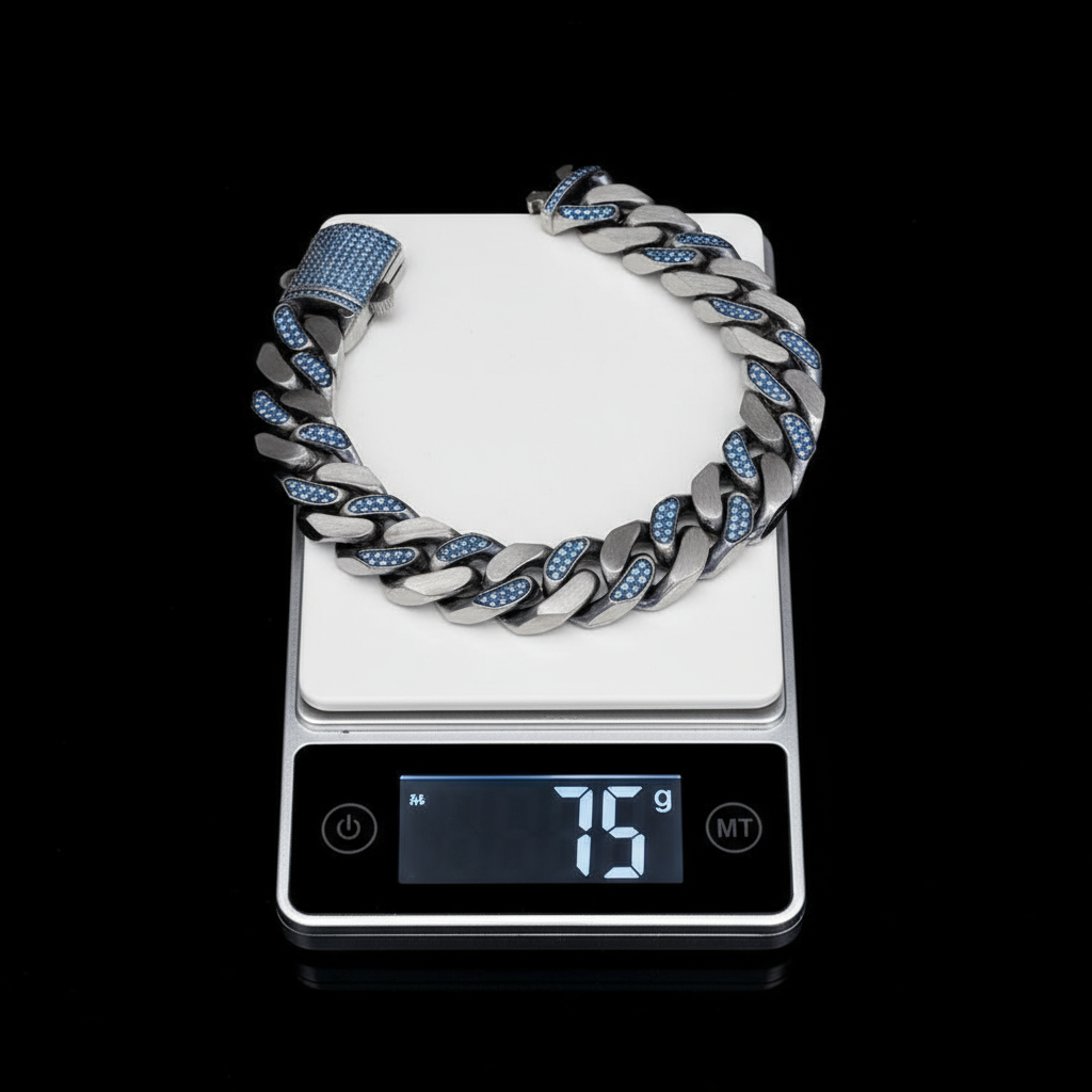 RARE PRINCE by CARAT SUTRA | 14mm Unique  Blue Iced Cuban Link Bracelet for Men | Dark Oxidized 925 Silver Bracelet | Men's Jewelry | With Certificate of Authenticity and 925 Hallmark