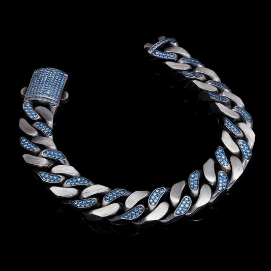 RARE PRINCE by CARAT SUTRA | 14mm Unique  Blue Iced Cuban Link Bracelet for Men | Dark Oxidized 925 Silver Bracelet | Men's Jewelry | With Certificate of Authenticity and 925 Hallmark